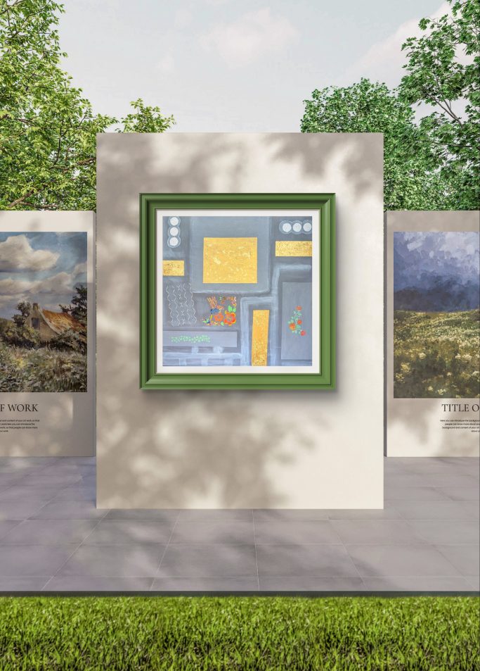 Moderne Kunstausstellung im Freien mit einem gerahmten Kunstwerk in der Mitte.
