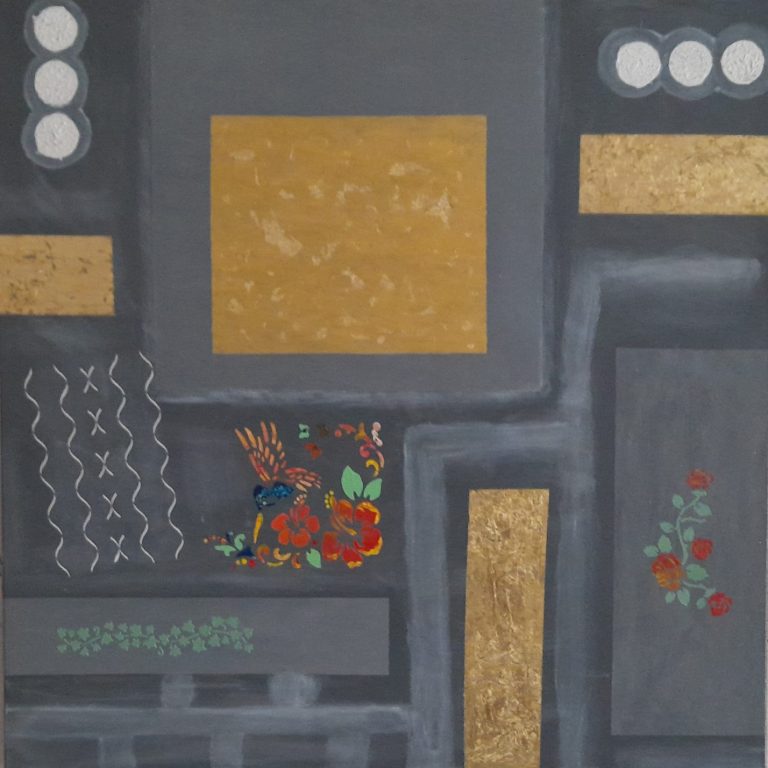 Abstrakte Komposition mit goldenen und bunten Elementen auf grauem Hintergrund.