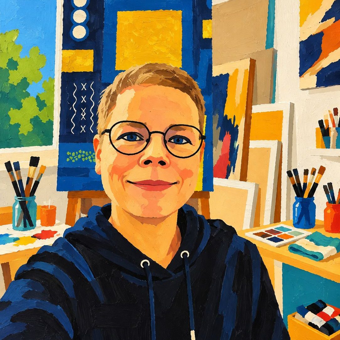 Jana Kubo vor ihrer Staffelei mit einem abstrakten Acrylbild in Blau und Orange, Gold, Gelb