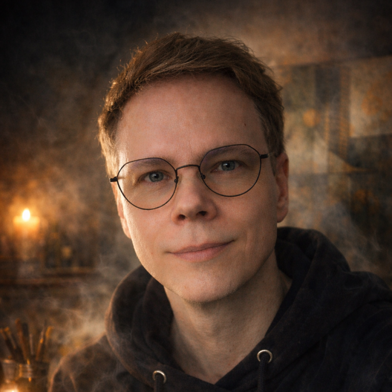 Porträt einer Person mit Brille, lächelnd in einem stimmungsvollen, dunklen Raum.